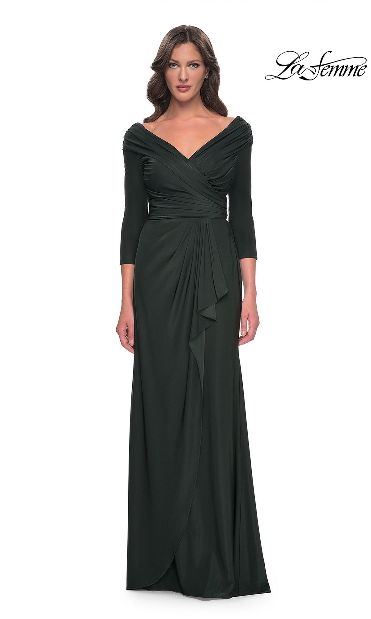 A dark emerald, floor-length La Femme 30845 jersey formal dress with three-quarter sleeves, a draped off-the-shoulder V-neckline, and a gathered side detail.